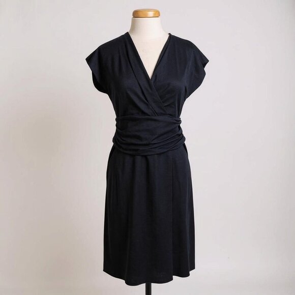 ARMANI COLLEZIONI Ruched-Waist Surplice Dress, Zephyr Navy Blue Women’s Size 8 - Picture 1 of 16